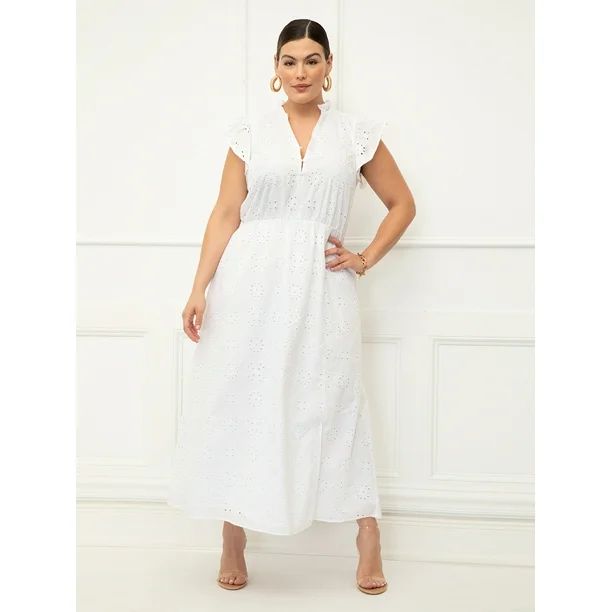 ELOQUII Elements Women's Plus Size Maxi Eyelet Dress with Slit | Walmart (US)