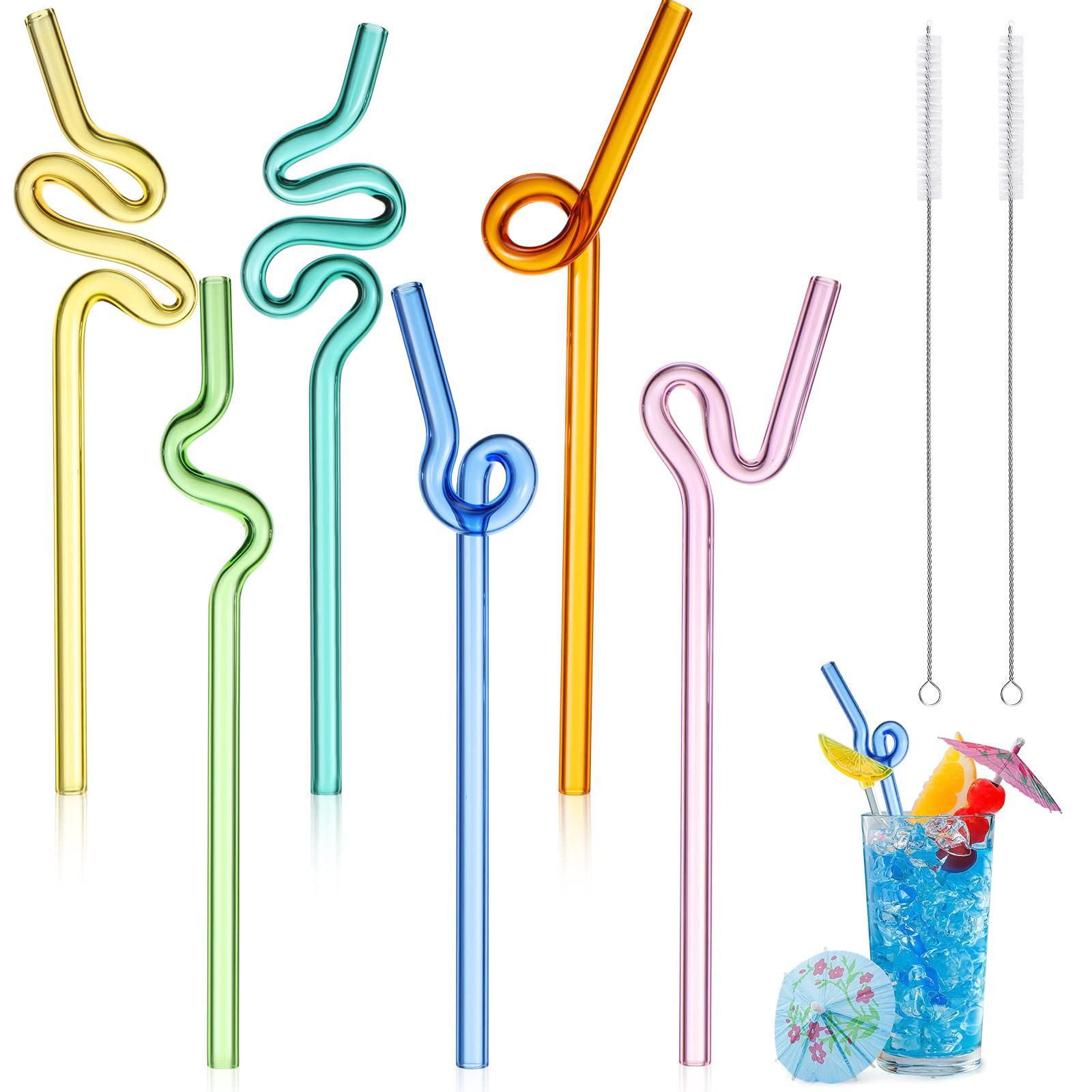 Yinkin 6 Pcs Wavy Glass Straws Reusable Curved Straw Shatter Resistant with 2 Cleaning Brushes Cl... | Amazon (US)