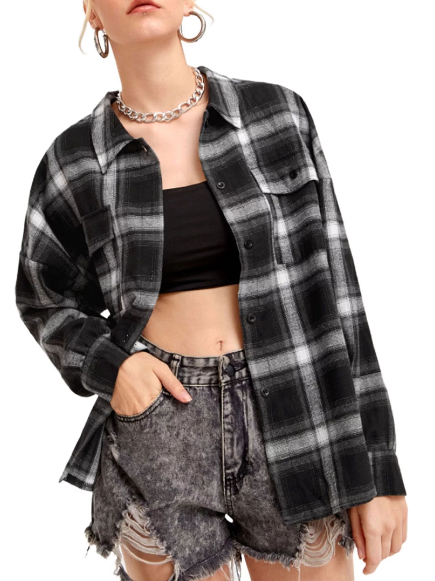 Womens Flannel Plaid Shirts New Long Sleeve Button Down Long Casual Shirt Jacket - Walmart.com | Walmart (US)