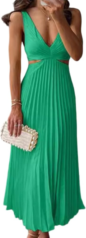 Womens Fashion Summer Dress Sleeveless V Neck Backless Pleated Maxi Dresses Hollow Sexy Flowy Bea... | Amazon (US)