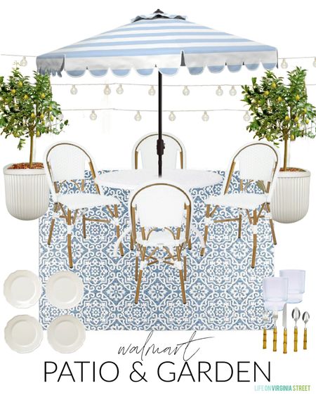 Loving these Walmart outdoor furniture finds! I’m sharing a bunch of design boards today including this light blue and white outdoor dining space with a striped scalloped umbrella, white bistro dining chairs, round white dining tab, Meyer lemon trees, fluted planters, blue and white medallion rug, scalloped melamine plates, bamboo style flatware, tumblers, white string lights, and more! See more design ideas here: https://lifeonvirginiastreet.com/walmart-outdoor-furniture-design-boards/.
.
#ltkhome #ltkseasonal #ltksalealert #ltkstyletip #ltkfindsunder100 #ltkfindsunder50 patio decor, outdoor decor, patio conversation set, Serena & Lily look for less, neutral outdoor furniture 

#LTKHome #LTKSeasonal #LTKSaleAlert