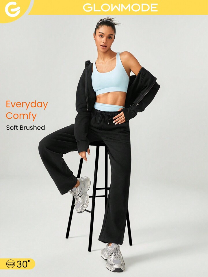 GLOWMODE 30'' Everyday Fleece Wide Leg Adjustable Drawstring Waist Basic Joggers Sweatpants With Side Pockets Daily Casual | SHEIN