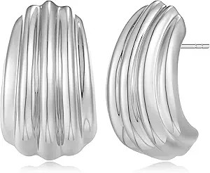 Chunky Textured Earrings for Women Vintage Minimalist Large Ribbed Studs Trendy Jewelry | Amazon (US)