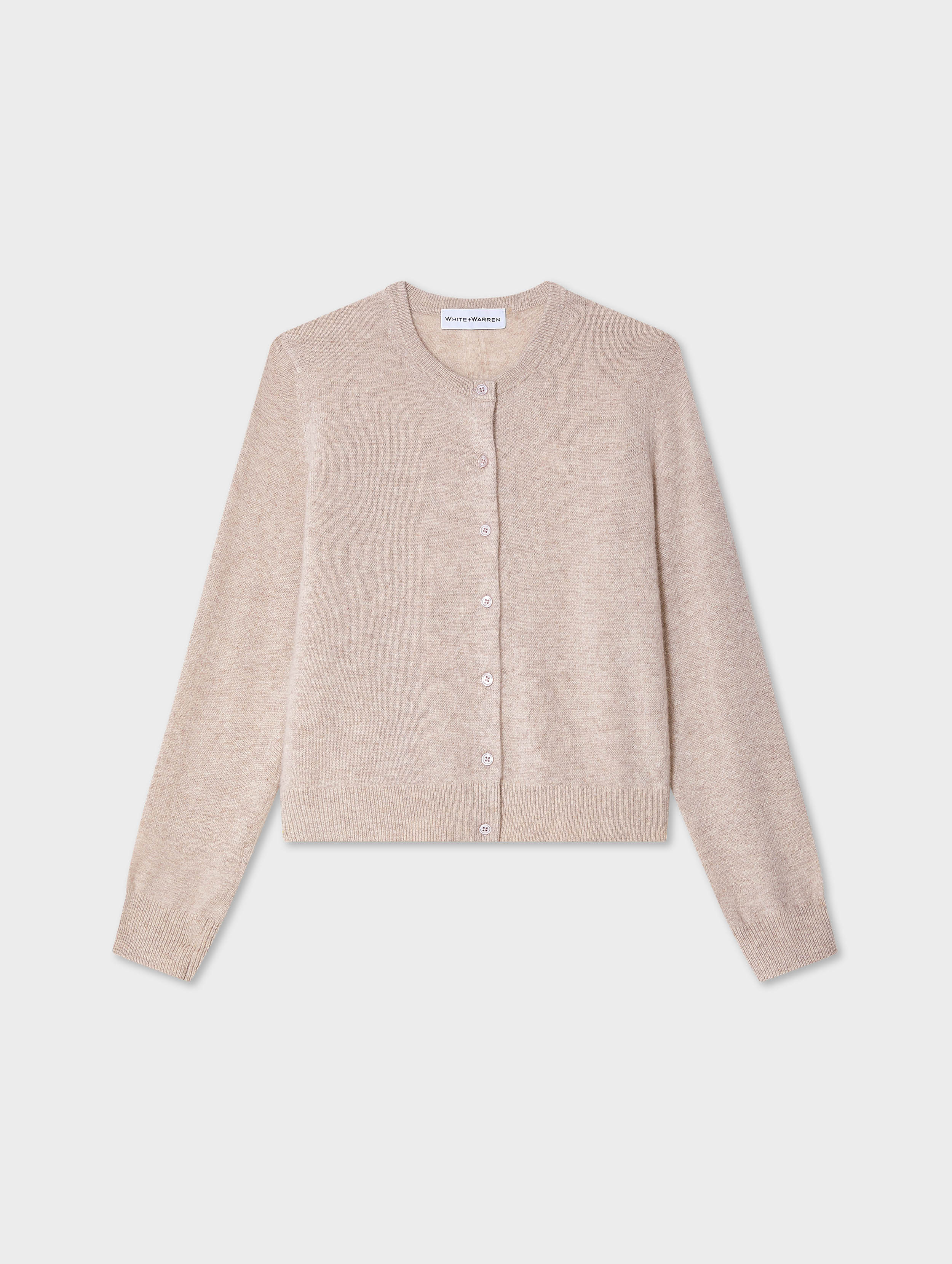 White & Warren Cashmere Crewneck Cardigan Sweater in Sand Wisp Heather | White and Warren