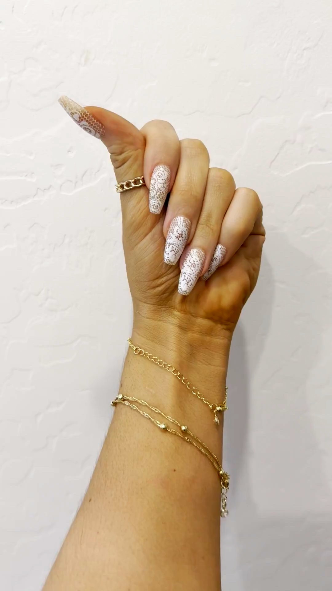 Fresh nails 🤍 Beige lace coffin shape is my fave neutral from PaintLab for DIY nails 👌🏼 Minutes to apply & lasts for weeks! #PaintLab 
#FallFinds #NailSpo #DIYNails #FreshMani #GoldJewelry #DIY #BeautyAtHome

#LTKStyleTip #LTKBeauty #LTKSeasonal