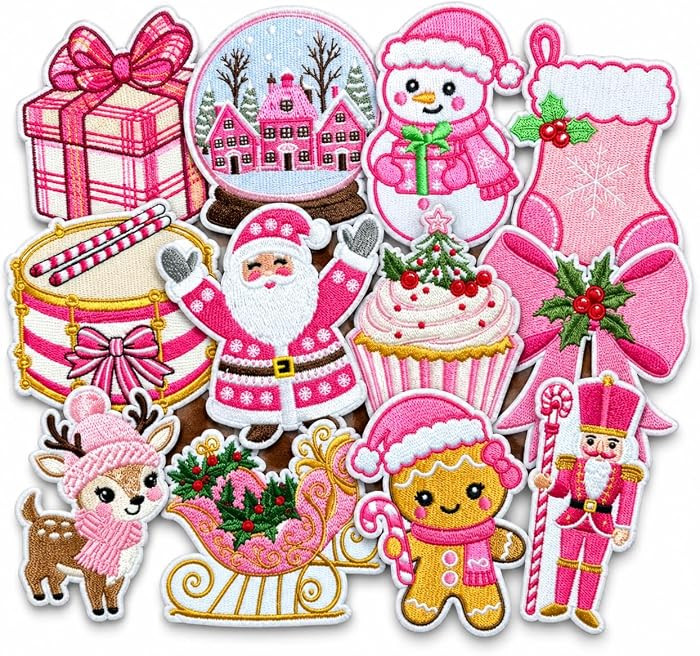 12PCS Pink Christmas Iron On Patches, Santa Appliques, Hats Bags | Amazon (US)