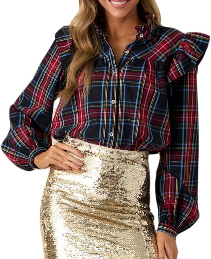 Plaid Shirts for Women Ruffle Button Down Shirts Puff Long Sleeves Blouses Collared Casual Tops | Amazon (US)