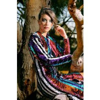 Kentau Sequin Dress - Rainbow Stripes Sequins Backless Long Sleeve Midi Exclusive Designer Label Par | Etsy (US)