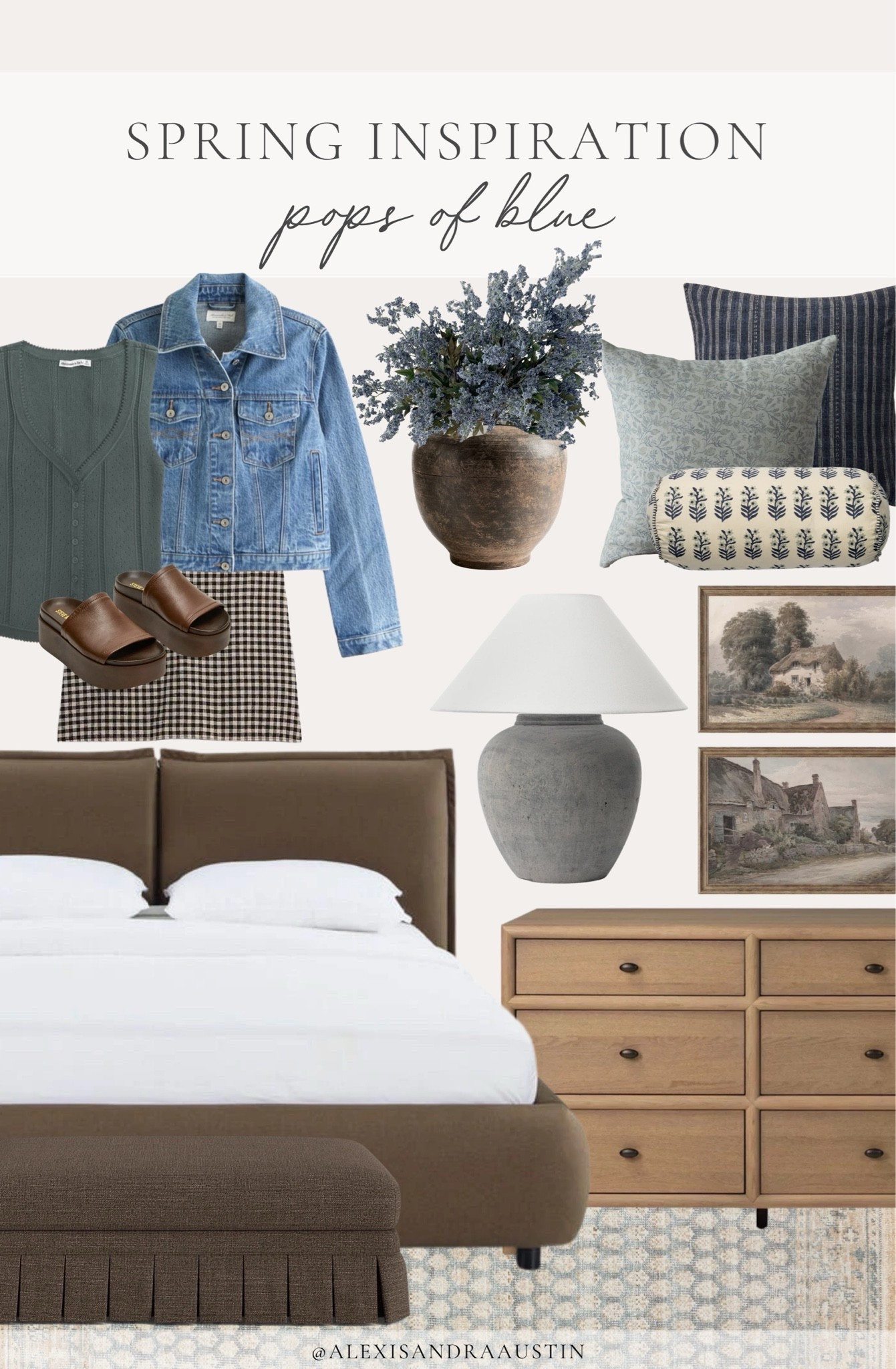 Spring inspiration with pops of blue! This season is all about the small touches of color for classic living and brightness for spring. 

Home finds, neutral home inspo, collected style, spring favorites, timeless home refresh, furniture favorites, spring fashion, neutral upholstered bed, dresser details, vintage style area rug, cozy throw pillow, pops of blue, digital art, table lamp, faux florals, neutral vase, Abercrombie and Fitch, Ashley, Joon Loloi, Woven Nook, Pottery Barn style, McGee and Co, Gap, Steve Madden, shop the look!

#LTKootd #LTKSeasonal #LTKHome