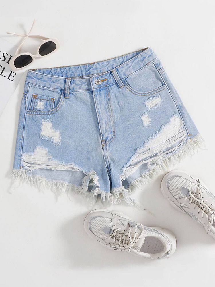 Ripped Raw Hem Denim Shorts | SHEIN