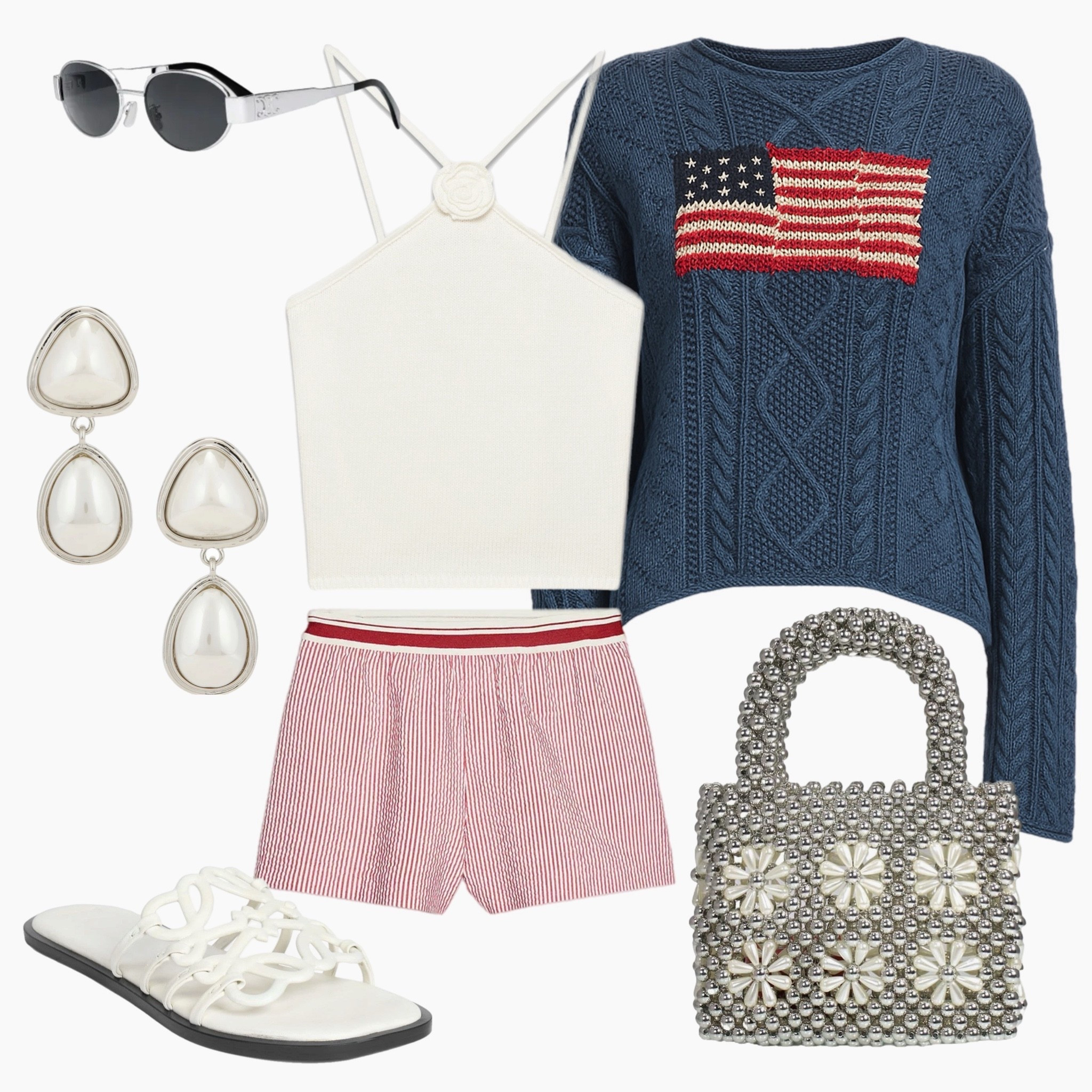 All-American meets cool-girl chic 🇺🇸✨ This festive Fourth of July look pairs red-striped boxer shorts with a crisp white halter tank and Ralph Lauren’s classic flag sweater. Finished with pearl drop earrings, sleek black sunnies, woven slides, and a statement silver beaded bag—perfect for everything from backyard BBQs to rooftop fireworks.

#FourthOfJulyStyle #AllAmericanLook #PreppyChic #RLflagSweater #RedWhiteAndBlue #LTK4thOfJuly #SummerOOTD #CoastalCool #AmericanaVibes #LTKHolidayStyle #CasualCute #LTKStyledByMar

#LTKShoeCrush #LTKSummerEdit #LTKItBag