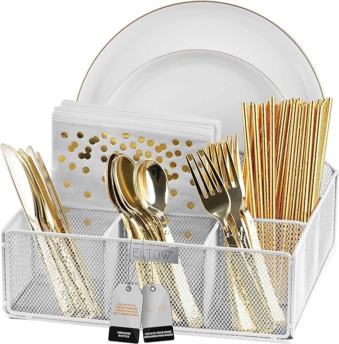 ELTOW Silverware Holder and Paper Plater Organizer for Countertop, 6 Compartment Utensil Caddy fo... | Amazon (US)
