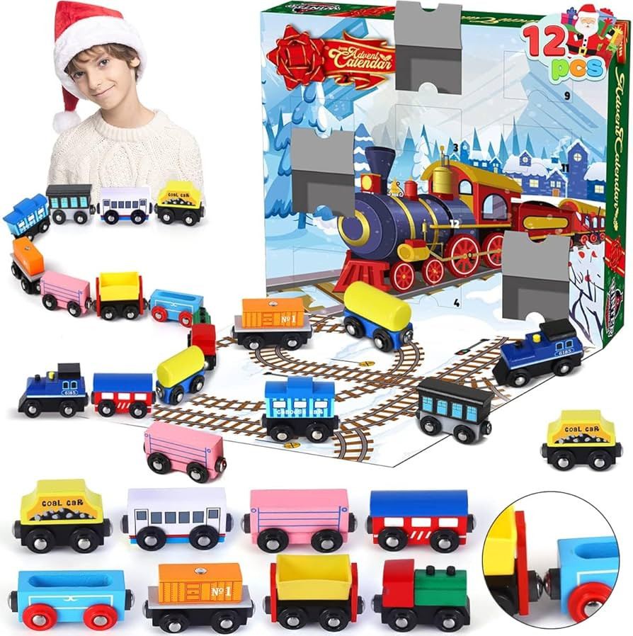 JOYIN 2024 Christmas Advent Calendar, Countdown Calendar with 12 PCS Wooden Train Cars Magnetic T... | Amazon (US)