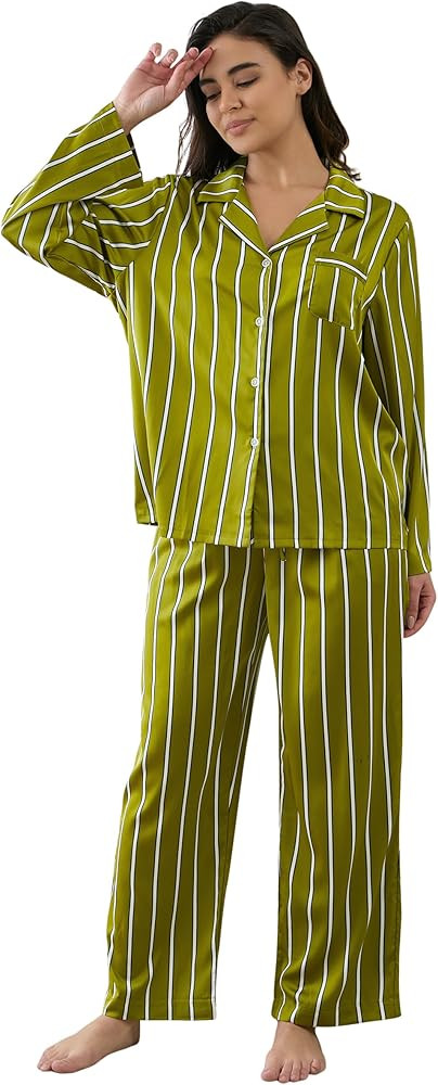 Womens Silk Satin Pajamas Set Button Down 2 Piece Pjs Long Sleeve Oversized Sleepwear with Pocket... | Amazon (US)