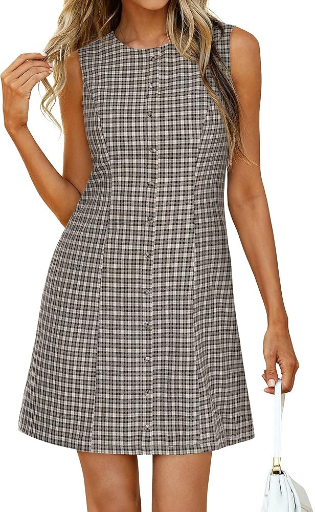 BTFBM Summer Dresses for Women 2026 Plaid Sleeveless Zip Up A Line Mini Dress Business Casual Vac... | Amazon (US)