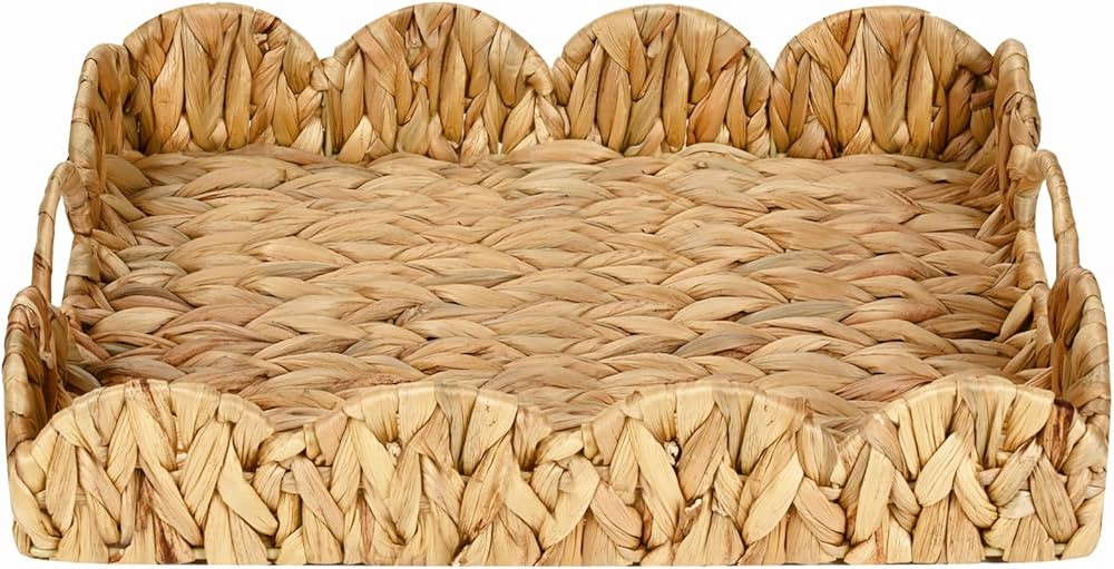 Scalloped Edge Rectangle Serving Tray, Handwoven Rattan Tray with Built-in Handles, Decorative Sc... | Amazon (US)