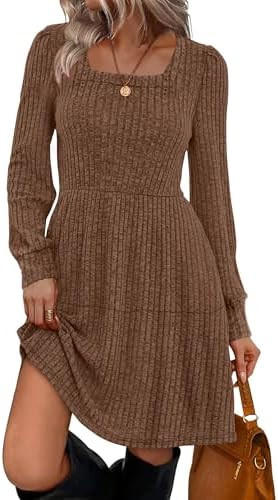 Sampeel Womens Square Neck Long Sleeve Fall Dresses Casual Babydoll Sweater Dress | Amazon (US)