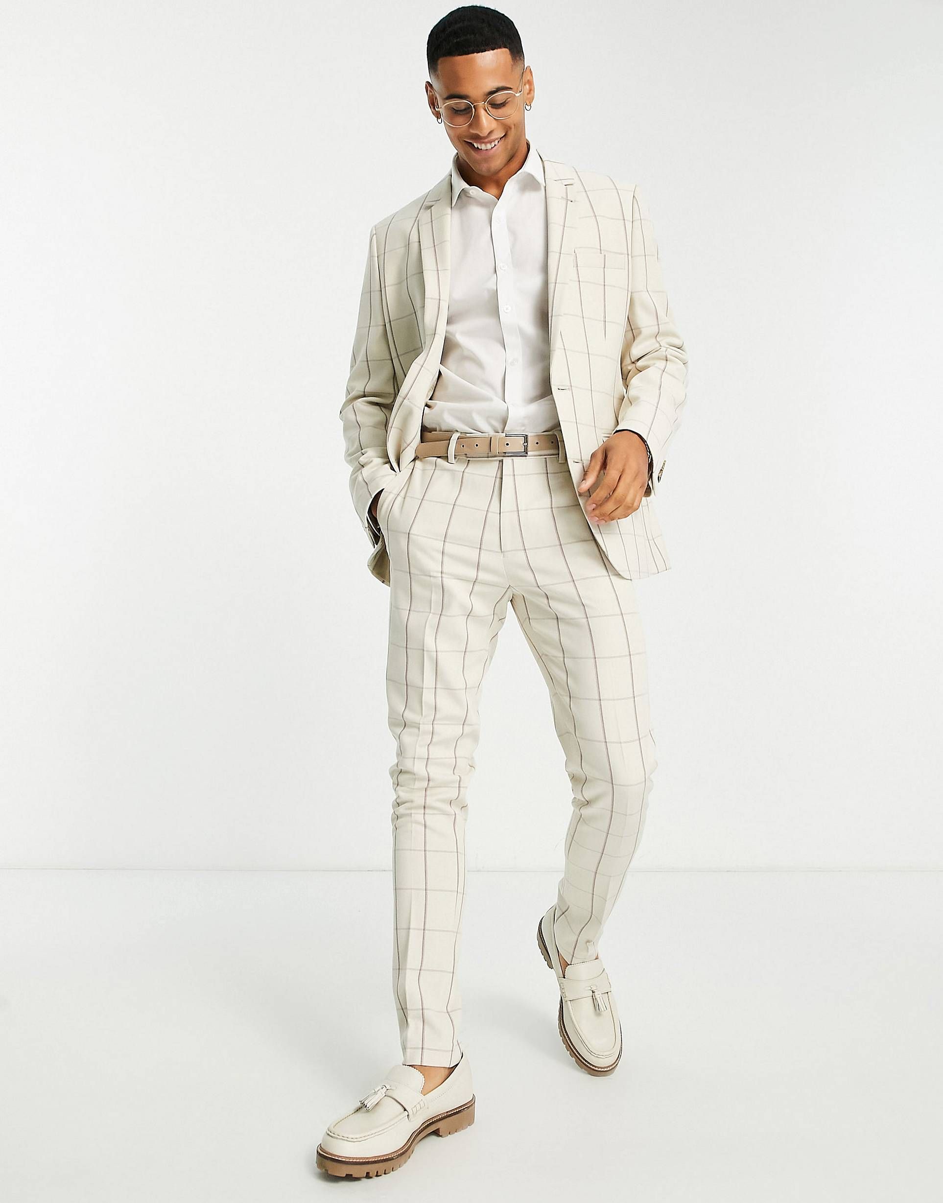 ASOS DESIGN skinny linen mix suit jacket in ecru and brown grid check | ASOS (Global)