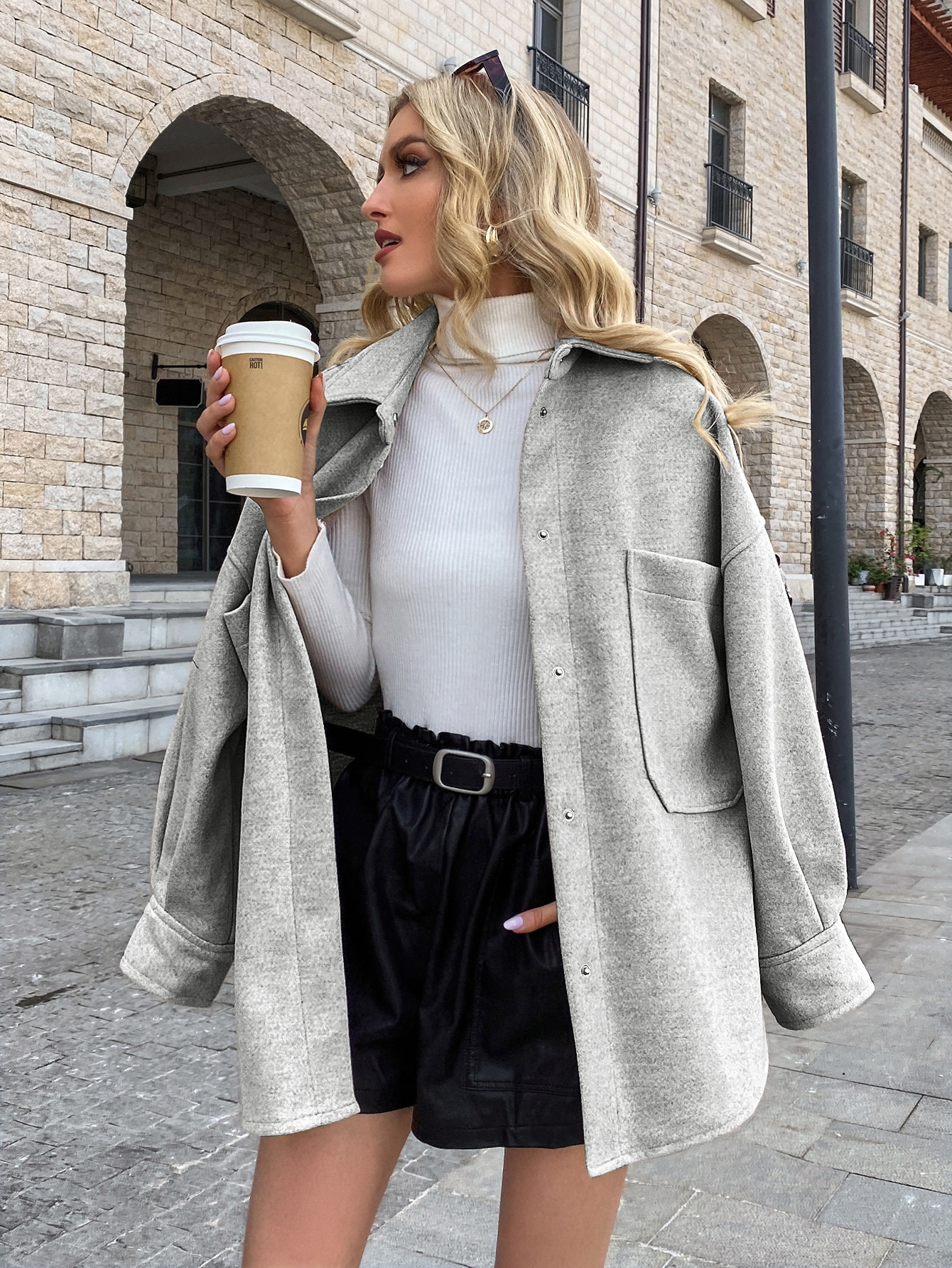 Drop Shoulder Pocket Front Overcoat | SHEIN