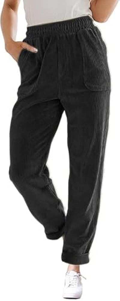 LOVESHOOT Brown M Corduroy Pants for Women Elastic High Waist Pull On Straight Leg Slacks Casual ... | Amazon (US)