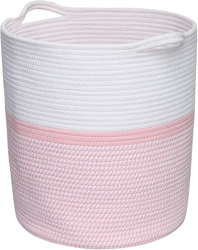 Pink Laundry Storage Basket Clothes Basket with Handles Woven Cotton Rope Basket Nursery Blanket ... | Amazon (US)