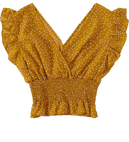 LYANER Women's Polka Dots V Neck Ruffle Cap Sleeve Shirred Blouse Crop Tank Top Ginger Medium | Amazon (US)