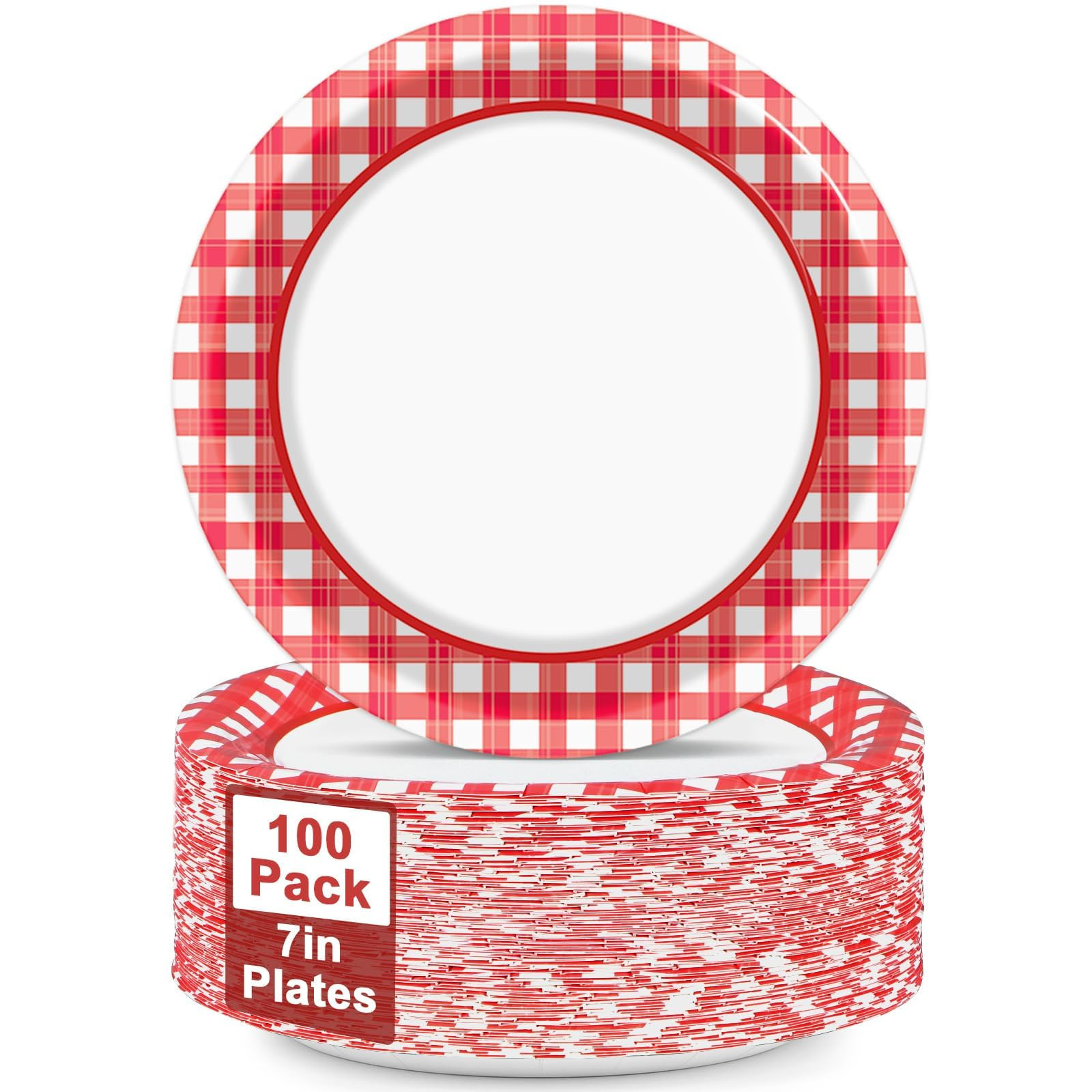 100pcs 7inch Red and White Plates Gingham Checkered Plaid Tableware Baby Shower Red Gingham Desse... | Amazon (US)