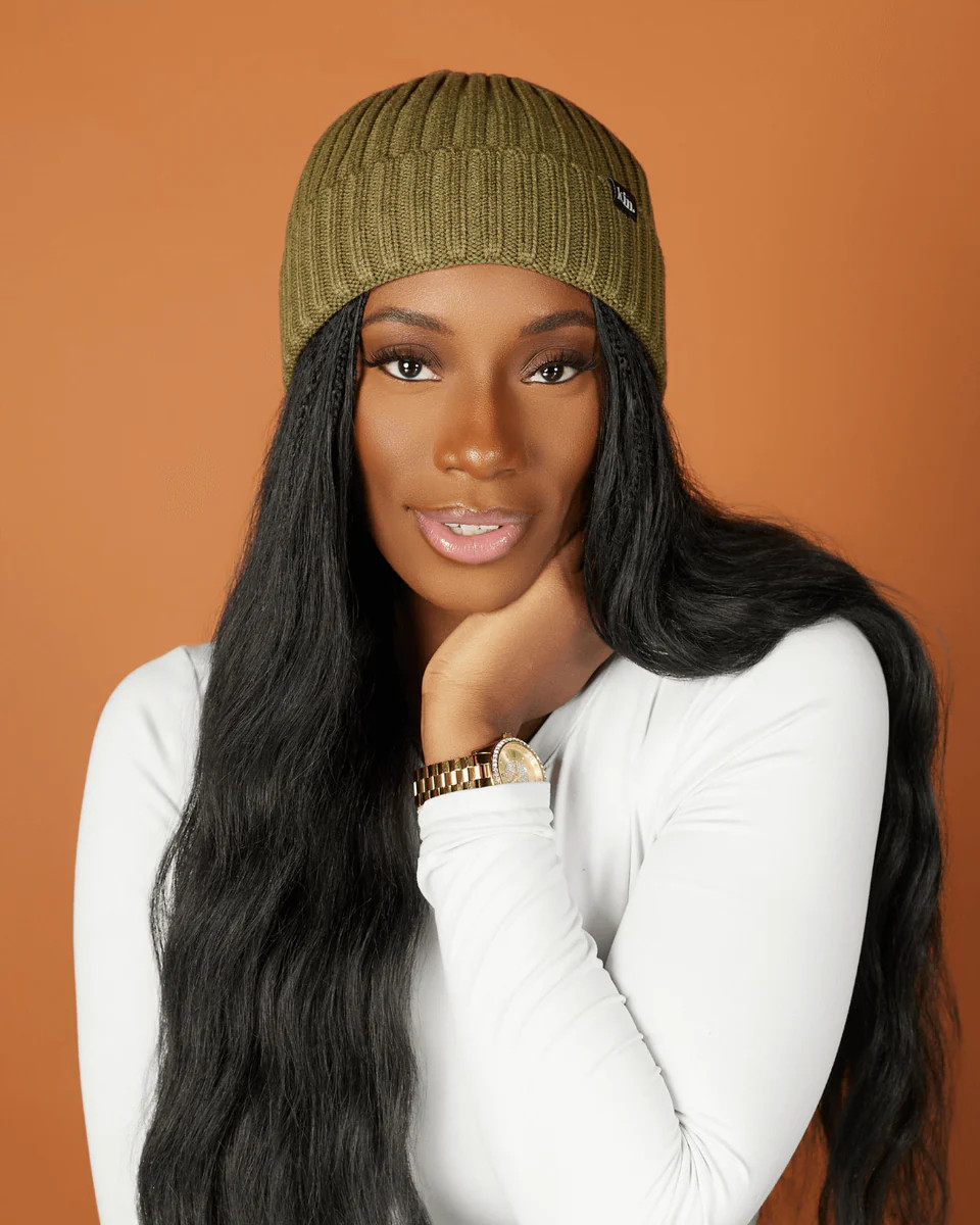 Olive Green Stripe Satin Lined Beanie | KIN Apparel