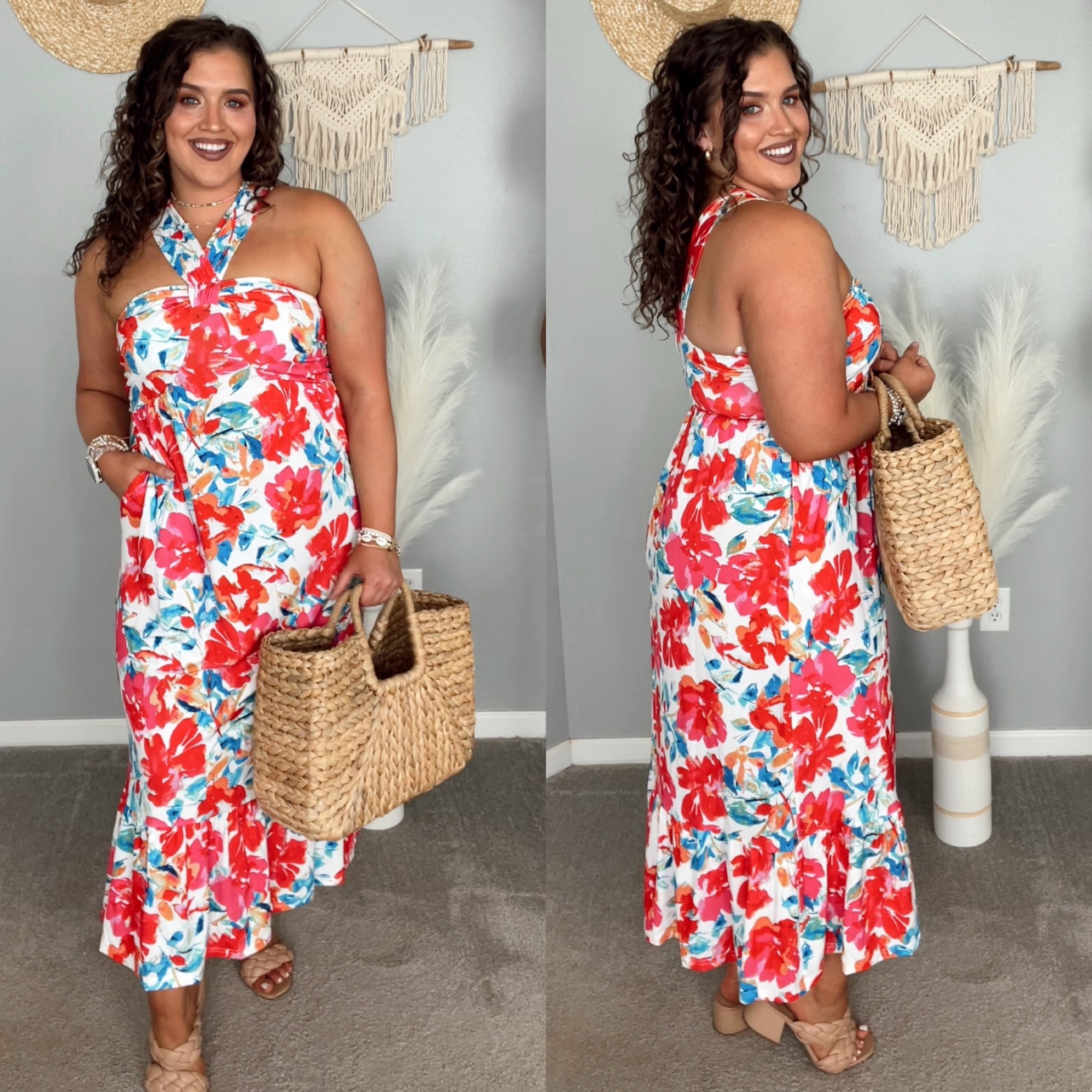 Beach vacation outfit inspo 🌺🩷🌈
Affordable Amazon summer style
Dress size: L 
#midsizeoutfits #affordablefashion #summerstyle #ootd #styleinspo #founditonamazon #maxidress #vacationoutfit #resortwear #halterdress #rattan #beachbag #heels 

#LTKSeasonal #LTKcurves #LTKunder50