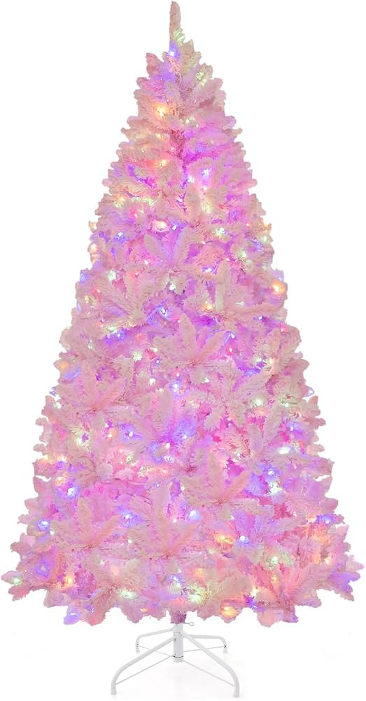 Goplus 7FT Pink Pre-lit Christmas Tree, Hinged Snow Flocked Artificial Xmas Tree with 1200 Branch... | Amazon (US)