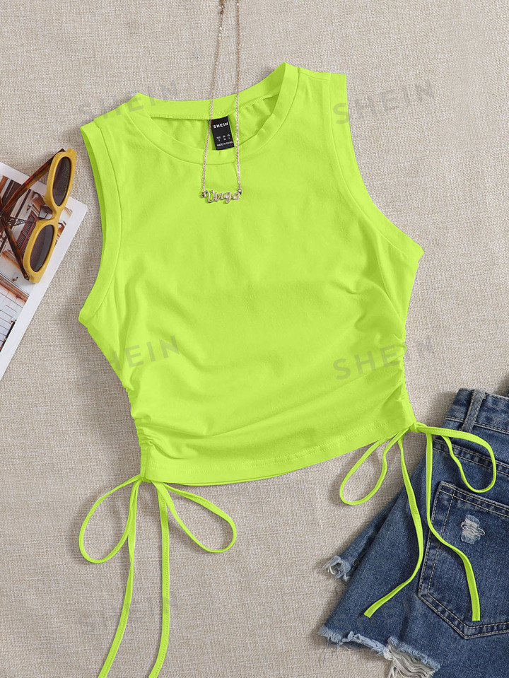 SHEIN EZwear Drawstring Ruched Side Crop Green Tank Top | SHEIN