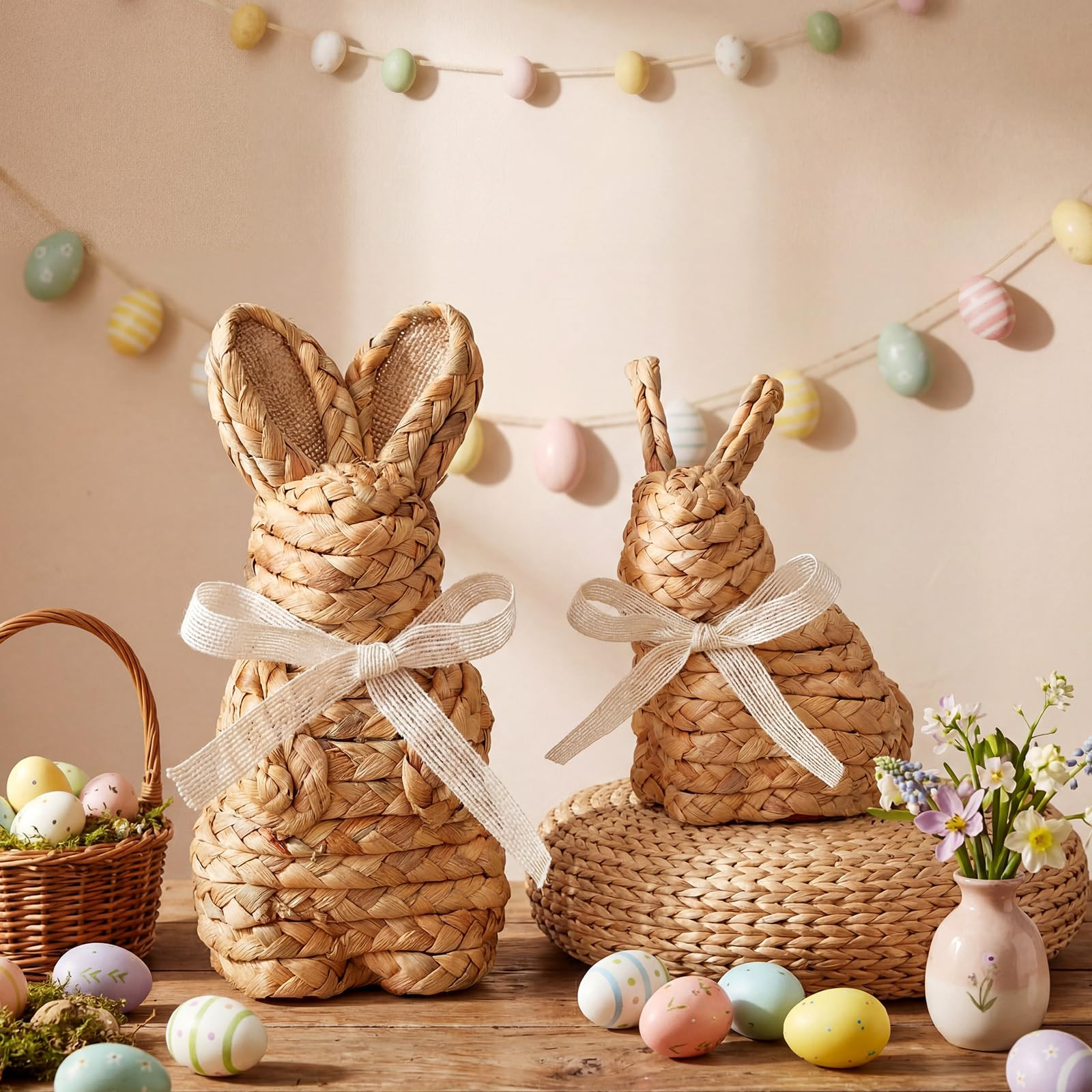 Kathfly Set of 2 Easter Woven Bunny Decor 7 Inch 8 Inch Natural Rattan Easter Bunny Figurine Spri... | Amazon (US)