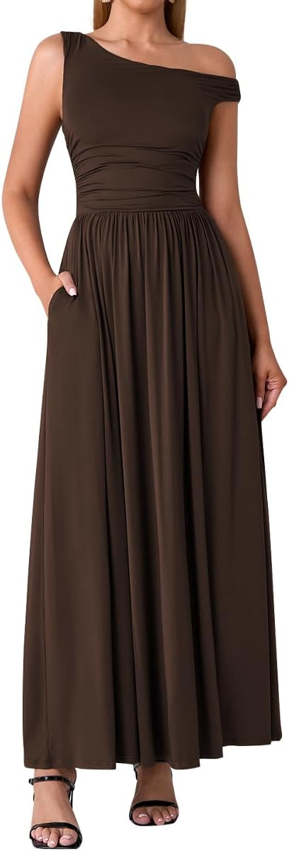 One Shoulder Maxi Dress Summer Casual A Line Wedding Guest Long Formal Dresses with Pockets | Amazon (US)
