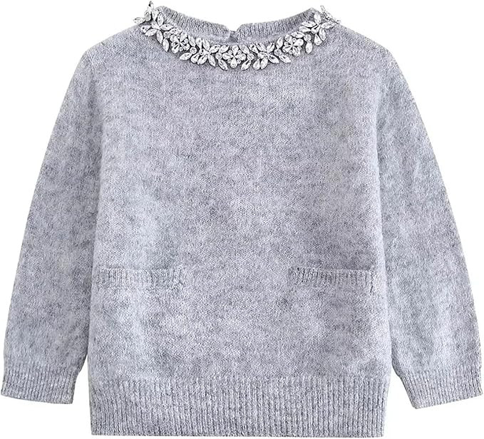 Women's Jewelry Embellished Short Gray Sweater Round Neck Long Sleeve Pullover | Amazon (US)