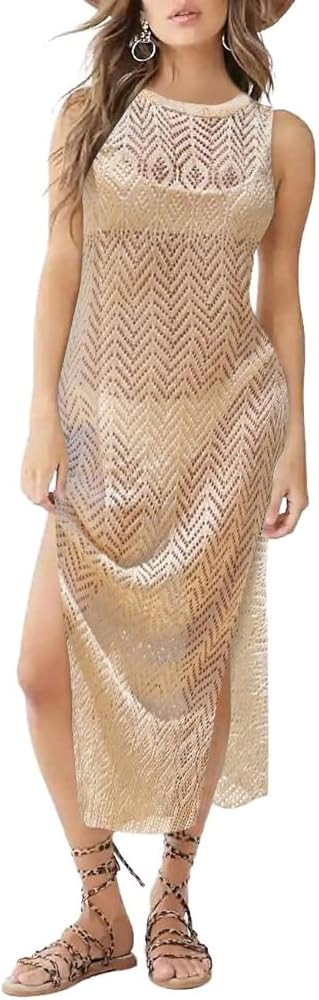 Bsubseach Women Lace Up V Neck Long Sleeve Crochet Swimsuit Cover Up Dress | Amazon (US)