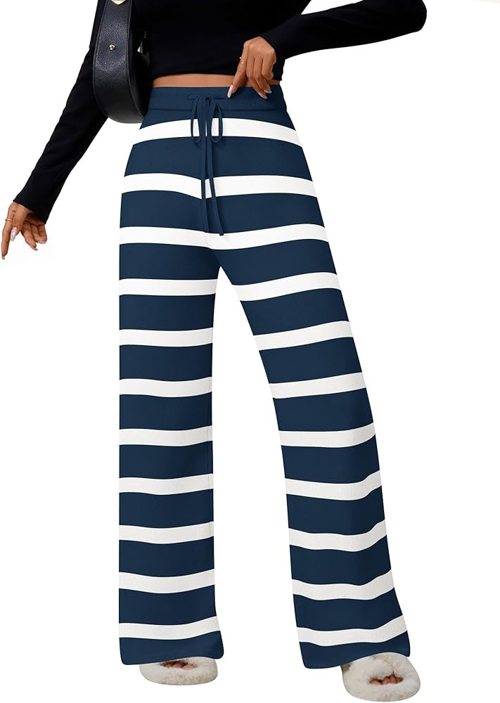 ZESICA Womens Casual Striped Wide Leg Pants Elastic Waist Drawstring Knit Loose Soft Pajama Loung... | Amazon (US)