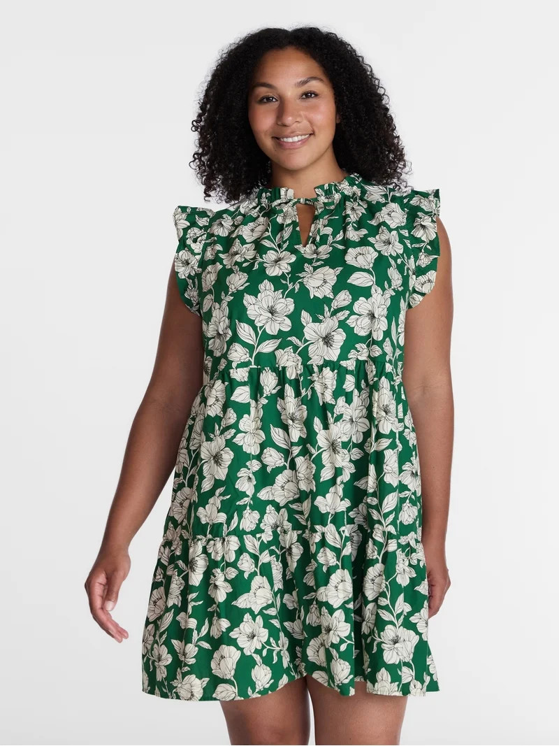 Time and Tru Women's and Women's Plus Tiered Cotton Mini Dress with Flutter Sleeves, Sizes XS-4X | Walmart (US)