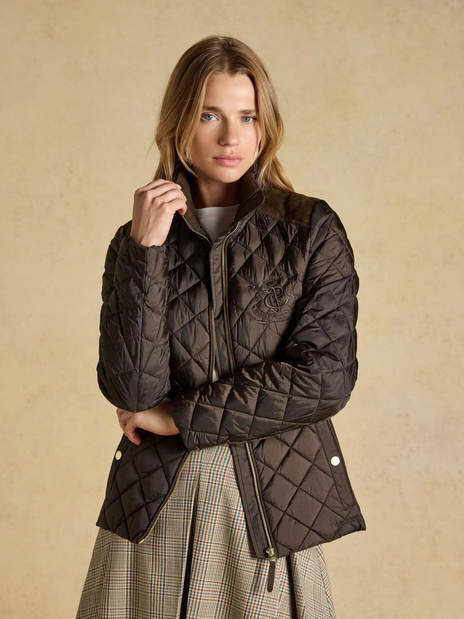 Joules Braemar Luxe Chocolate Brown Showerproof Diamond Quilted Coat | Joules