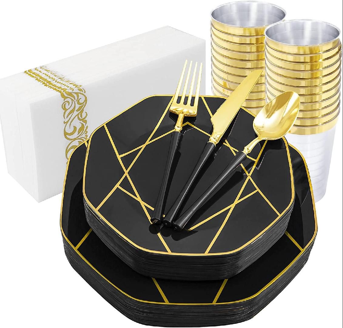 20 Guests Black Plastic Plates with Gold Rim & Gold Disposable Plastic Silverware with Black Hand... | Walmart (US)