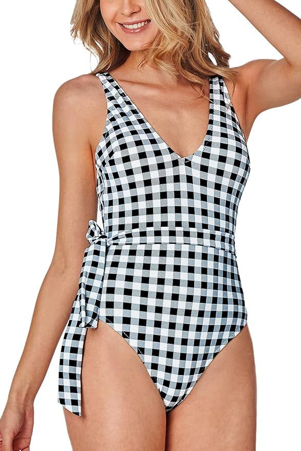 CUPSHE Women's One Piece Swimsuit Gingham Tie V Neck Bathing Suit | Amazon (US)