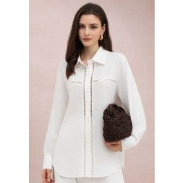 Ladder-Lace Detail Oversized Buttoned Shirt in White for Resort Brunches & Workdays | Chicwish