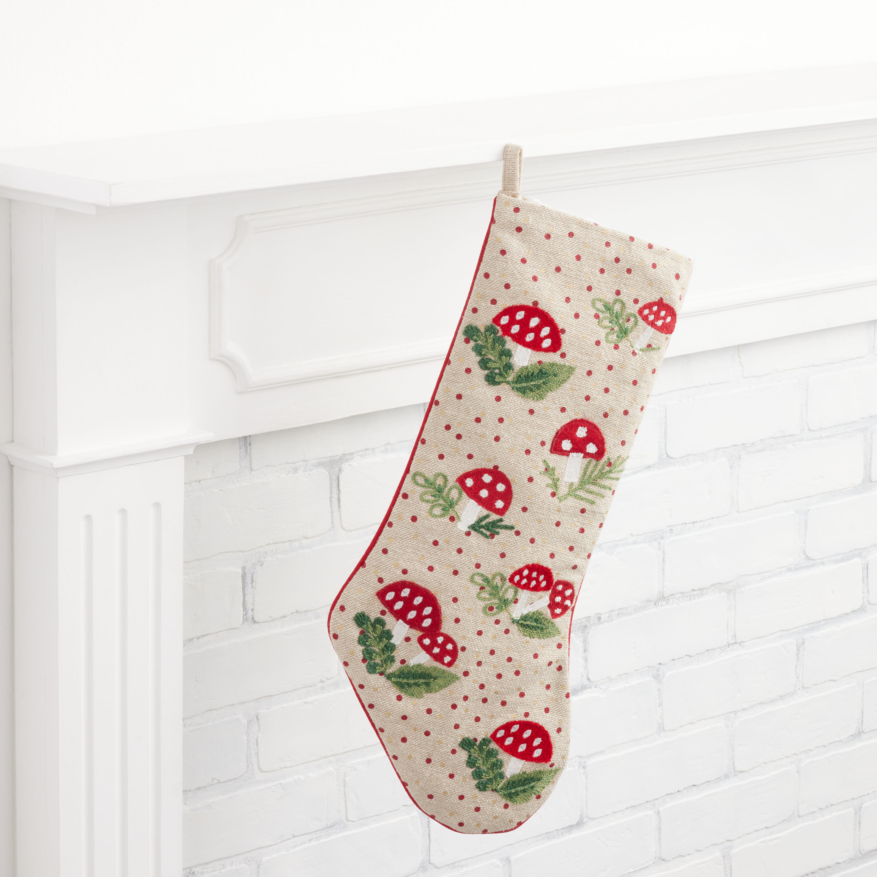 Red And Ivory Embroidered Mushroom Christmas Stocking | World Market