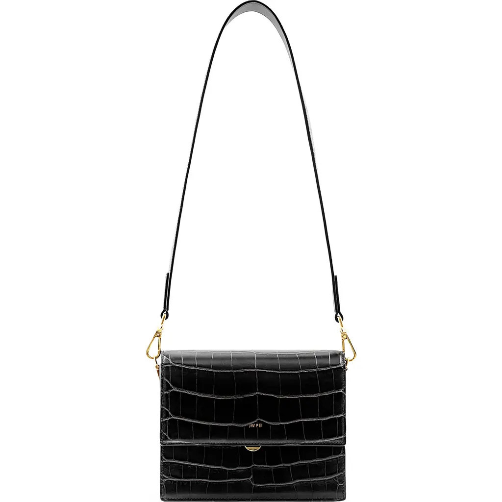 JW PEI Mini Flap Metallic Faux Leather Crossbody Bag in Black Croc at Nordstrom | Nordstrom