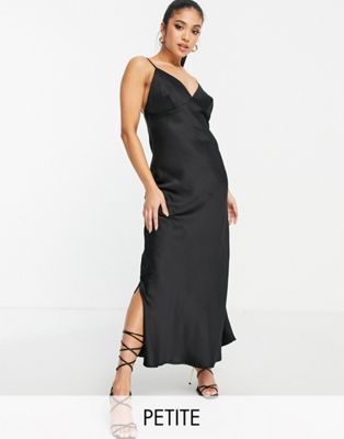 Vero Moda Petite satin slip midi dress in black | ASOS (Global)