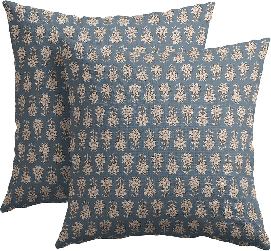 Kawani Vintage Pillow Covers 18x18 Inch Set of 2 Blue Floral Block Print Outdoor Decorative Throw... | Amazon (US)