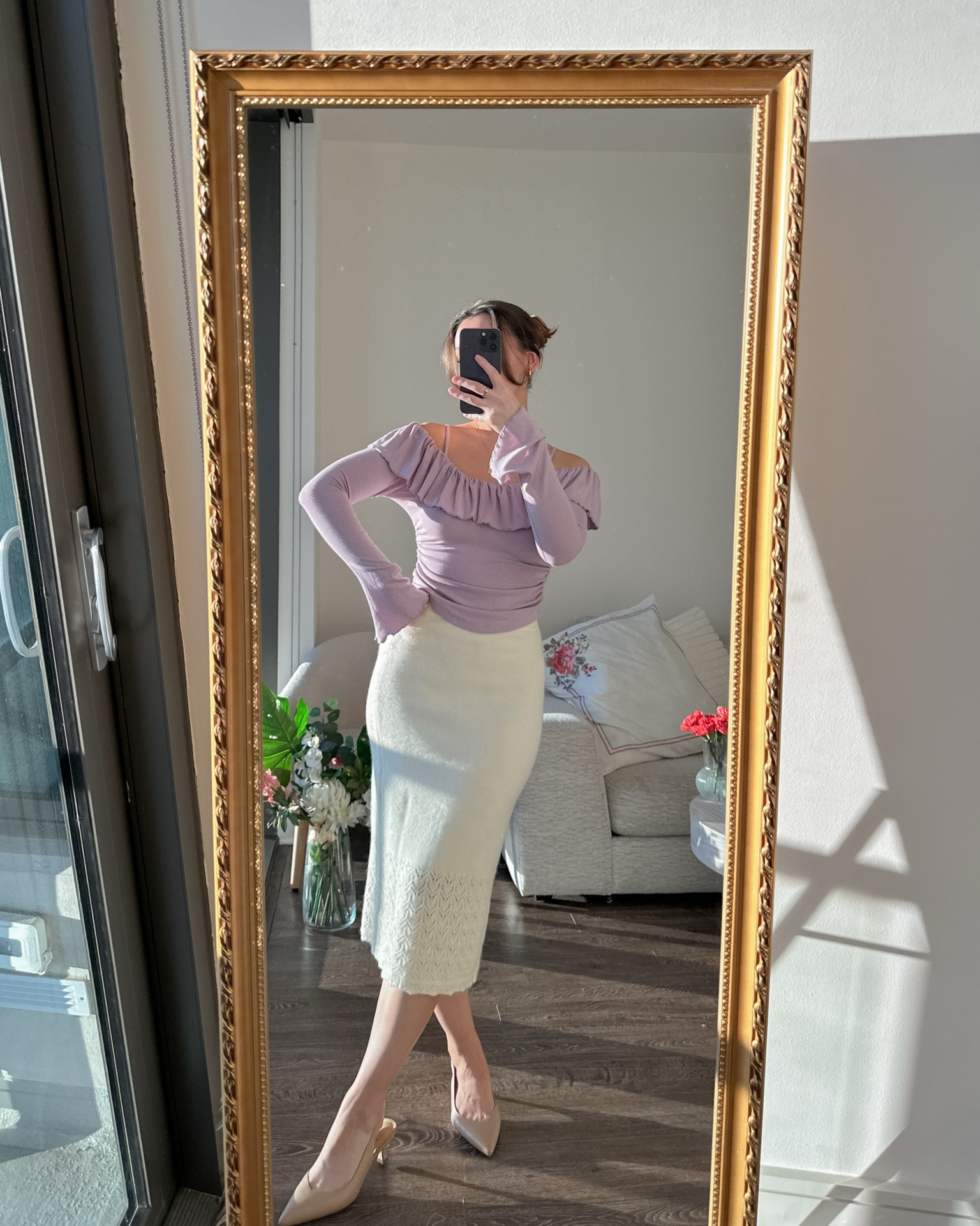 love lilac purple for winter / spring 💜

top: simple retro (wearing small)
skirt: simple retro (small)
heels: 7 or 9 (added similar)

[winter fashion, holiday outfit ideas, spring transitional outfits, 3d floral rosette top, off shoulder long sleeve knit top, wool knit crochet lace midi skirt, warm ootd, cozy vibes, mirror selfie outfit inspo, pinterest girl vibes, pastel fashion, soft girl outfits] 

#LTKStyleTip #LTKFindsUnder50 #LTKFindsUnder100