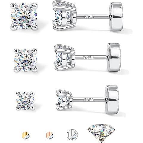 Amazon.com: Kainier 5 Pairs 14K White Gold Plated CZ Stud Earrings Flat Back Earrings Simulated D... | Amazon (US)