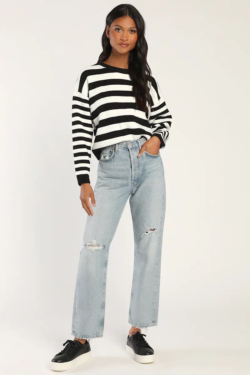 Dreamy Comfort Black and White Striped Ribbed Pullover Sweater | Lulus (US)
