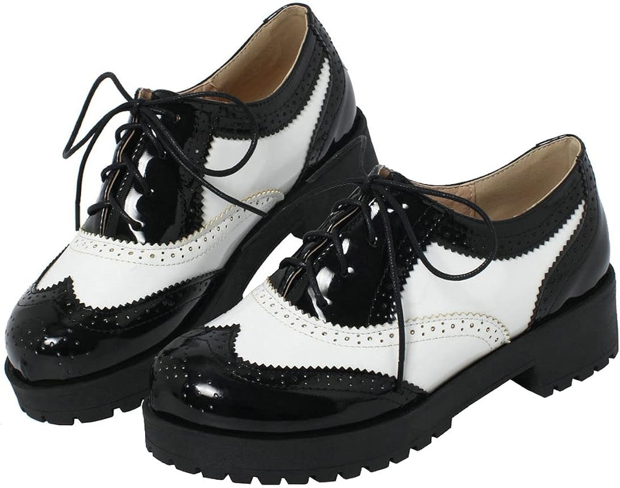 Agodor Women's Lace up Wingtip Oxford Shoes Chunky Heel Platform Vintage Round Toe Brogue Shoes | Amazon (US)