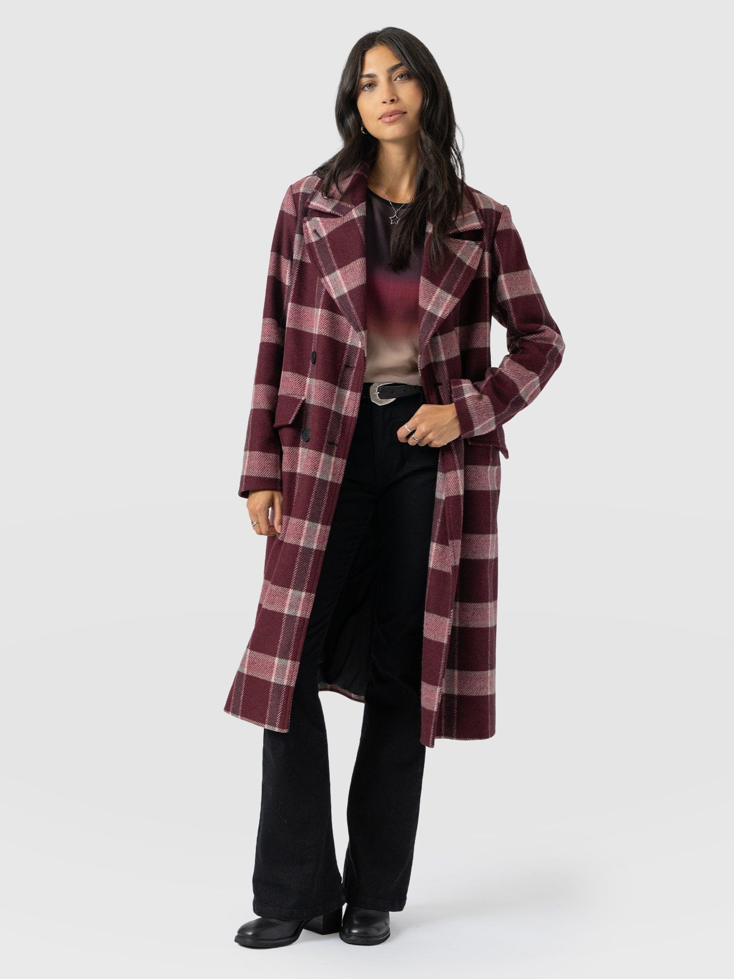 Hampton Coat - Burgundy/Pink Check | Saint + Sofia